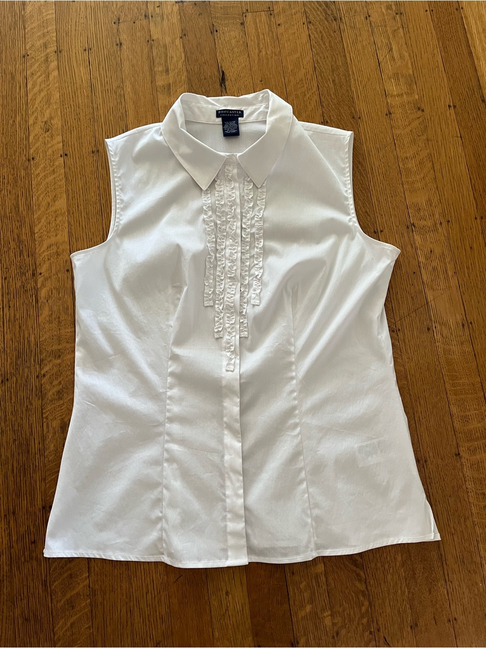 Doncaster White Sleeveless Ruffle-Front Collared Blouse